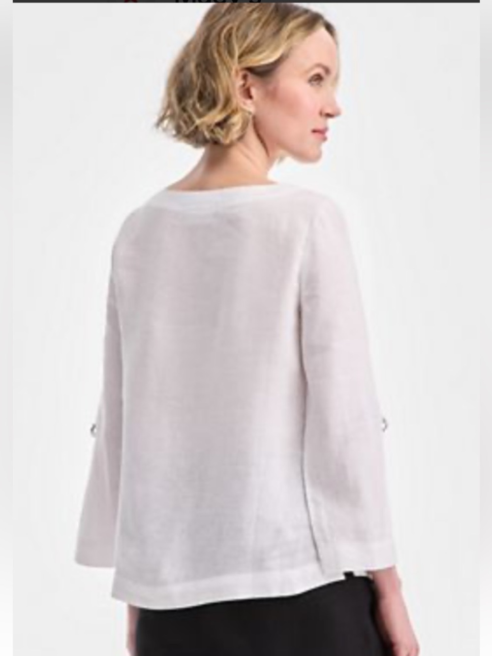 New 100% Linen Charter Club luxury White Round Neck Roll-Sleeve Blouse Size S - Picture 2 of 10